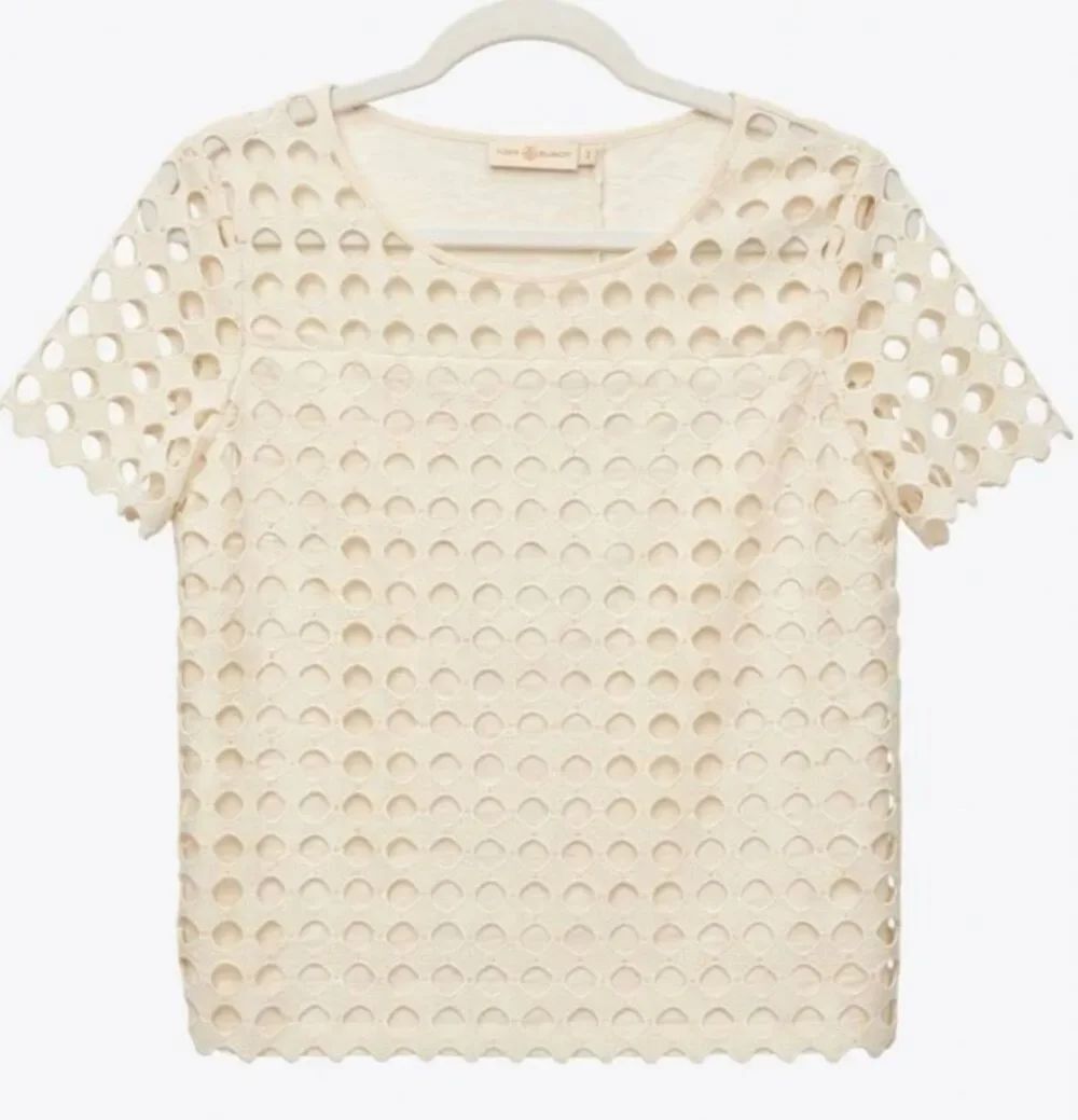 Tory Burch womens small cream eyelet top linen blend shirt